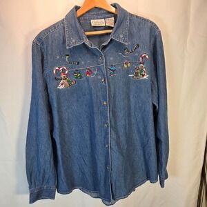 Vtg Christmas Embroidered Denim Long Sleeve Button Up XL Shirt Bears Grannycore